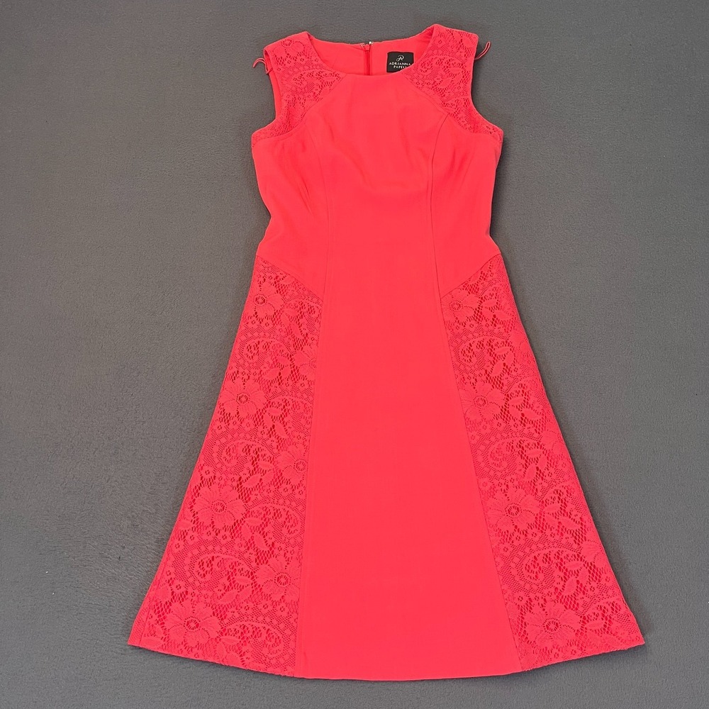Adrianna Papell Women's Sz 4 A Line Dress‎ Cocktail Crochet Lace Coral Pink